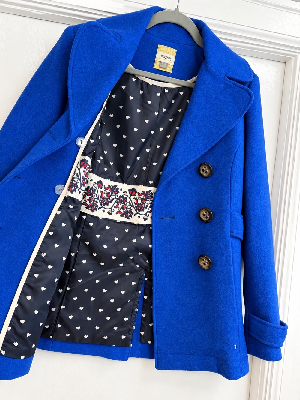 Fossil Bright Blue Double-Breasted Peacoat, Size S